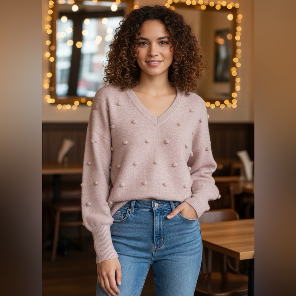 Madewell Lavender Bobble Dashwood Pom-Pom V-Neck Sweater NWT